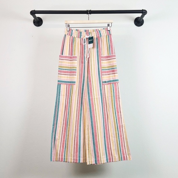 NWT Roxy Drifting Shorelines Striped Wide Leg Crop Trouser Linen Pants - Picture 7 of 10
